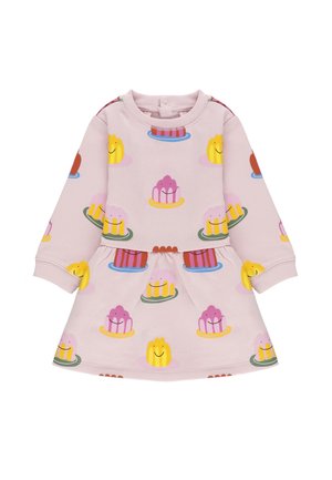 Abito rosa con maniche lunghe, caratterizzato da un motivo di dessert colorati e facce sorridenti. Materiale morbido, scollatura rotonda, gonna svasata.