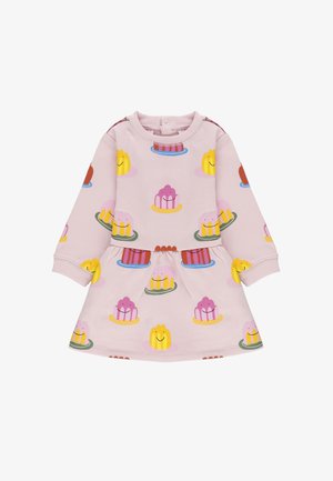 Abito rosa con maniche lunghe, caratterizzato da un motivo di dessert colorati e facce sorridenti. Materiale morbido, scollatura rotonda, gonna svasata.