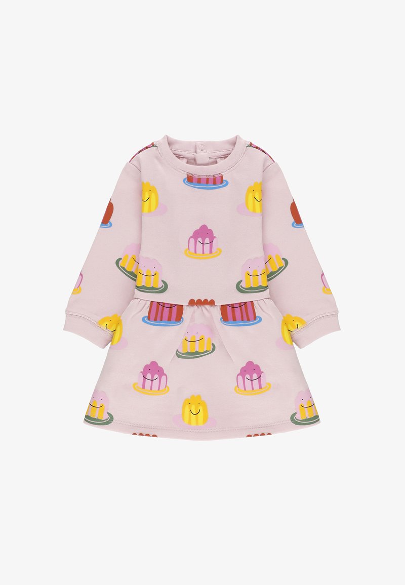 Abito rosa con maniche lunghe, caratterizzato da un motivo di dessert colorati e facce sorridenti. Materiale morbido, scollatura rotonda, gonna svasata.