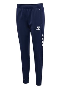 Marineblauwe sportbroek met elastische taille, wit Hummel-logo op de dij en witte schuine strepen op de zijnaden.