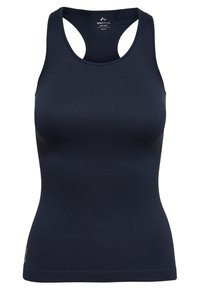 Top sportivo senza maniche a costine blu navy, taglia media, con etichetta "Only Play Sportswear" all'interno del colletto.