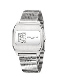 Silverfärgad rektangulär klocka med ett strukturerat metallarmband. Har en stor vit urtavla med svarta siffror och "LIEBESKIND BERLIN"-logotyp.