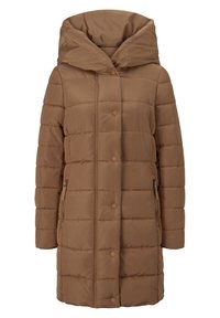 Brun puffjakke med en stor hætte, quiltet design, frontknaplukninger og sidelommer med lynlås, med en glat, blank overflade.