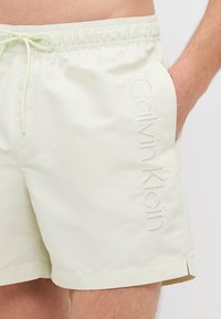 Un maillot de bain vert clair avec une taille élastique, un cordon de serrage, des poches latérales et un logo "Calvin Klein" brodé sur le côté.
