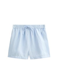 Shorts di cotone azzurro chiaro con una cintura elastica, lacci regolabili e pieghe sottili nella parte anteriore. Design semplice e privo di decorazioni.