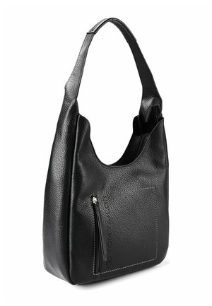 Sac bandoulière en cuir noir texturé avec une large sangle, une poche zippée à l'avant et une ouverture supérieure légèrement arrondie.