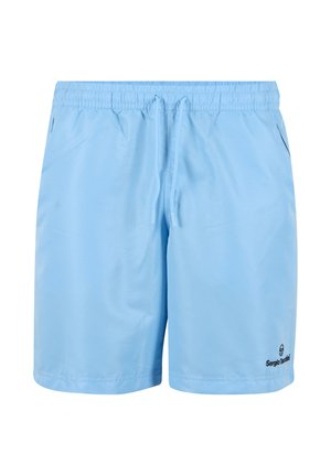 Light blue men's athletic shorts with elastic waistband, front drawstring, side pockets, and small black logo on left leg hem.