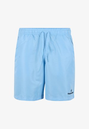 Pantaloncini sportivi da uomo azzurri chiaro con vita elasticizzata, coulisse frontale, tasche laterali e piccolo logo nero sull'orlo della gamba sinistra.