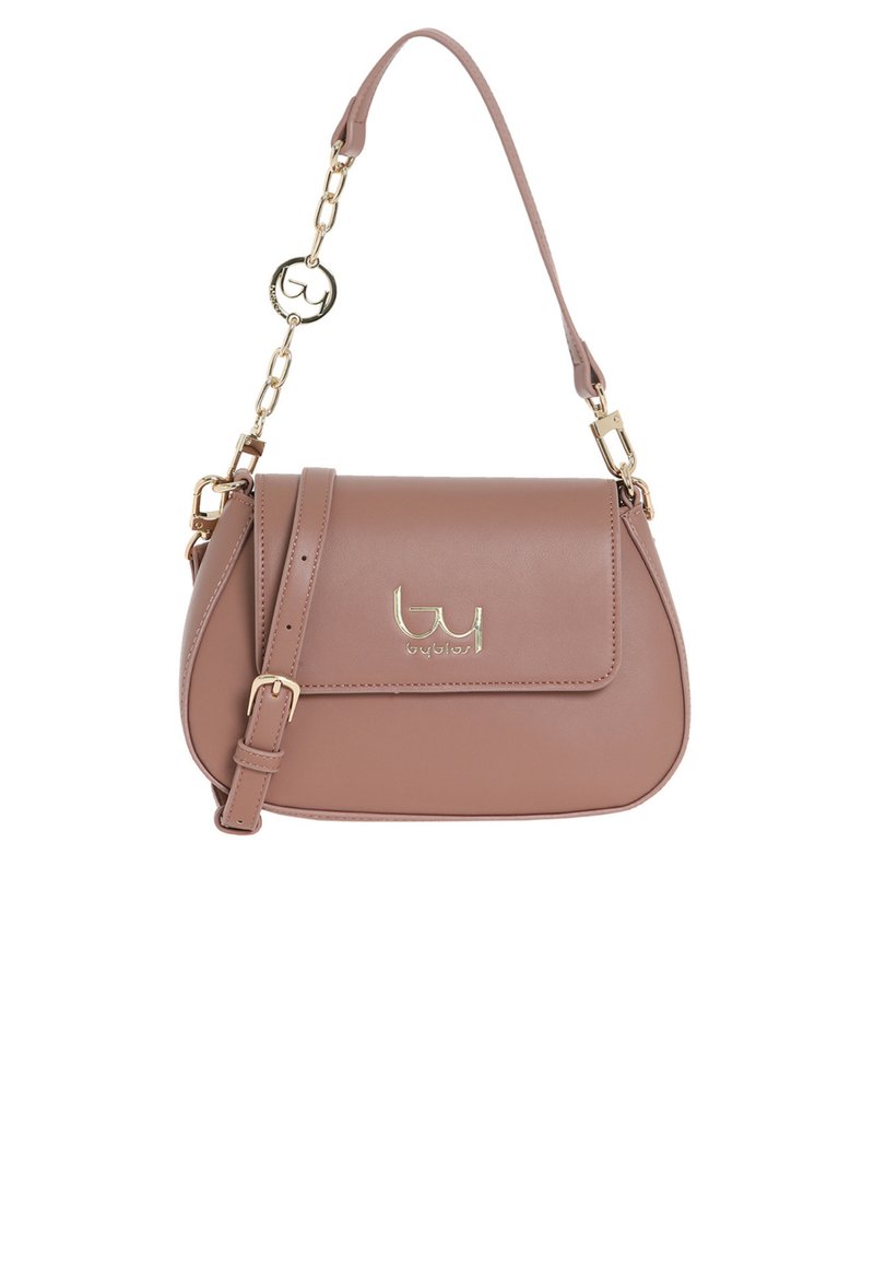 Borsa a mano in finta pelle marrone con forma arrotondata, dettagli in metallo dorato, tracolla a catena removibile e logo impresso sul fronte.