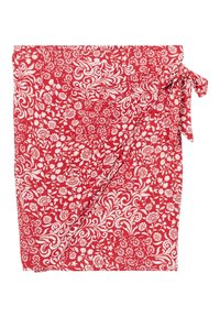 Fascia rossa con un motivo floreale bianco e swirl, realizzata in tessuto leggero. Si lega in vita per una vestibilità e uno stile regolabili.