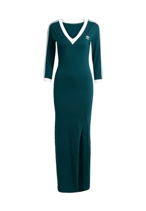 Robe ajustée teal avec un décolleté en V, des manches trois-quarts, des accents blancs au niveau du décolleté et de l'ourlet, dotée d'une fente sur le côté et de détails rayés.