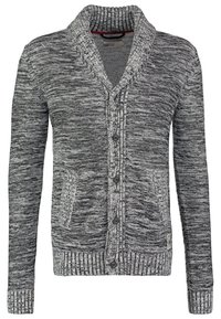 Grå och svart marmorerad stickad cardigan med sjalkrage, femknaps framknäppning, två framfickor samt ribbade muddar och nederkant.