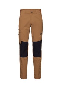 Beige buitenbroeken met zwarte accenten. Gemaakt van lichtgewicht stof, voorzien van een zijzak en versterkte kniegebieden voor duurzaamheid.