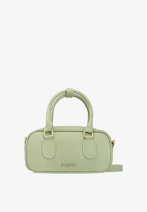 Mała prostokątna jasnooliwkowa skórzana torebka z podwójnymi uchwytami, złotymi okuciami i odpinanym paskiem na ramię.