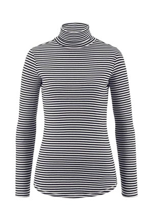 Black and white striped turtleneck top with long sleeves, made from a soft, stretchy fabric; features a fitted silhouette and a curved hem.
