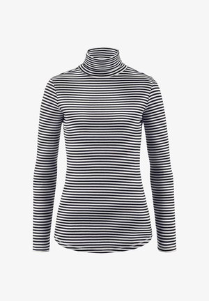Schwarz-weißer gestreifter Rollkragenpullover mit langen Ärmeln, aus einem weichen, elastischen Stoff; hat eine taillierte Silhouette und einen gebogenen Saum.