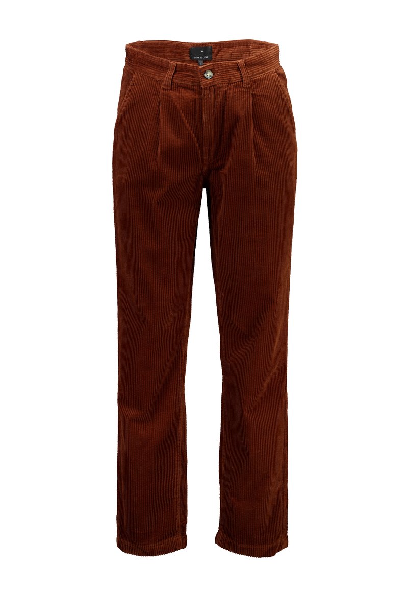 Corduroy broeken in warm bruin, met verticale ribbels, een rechte pijpdesign en een sluiting met een knop aan de voorkant met riemlussen.