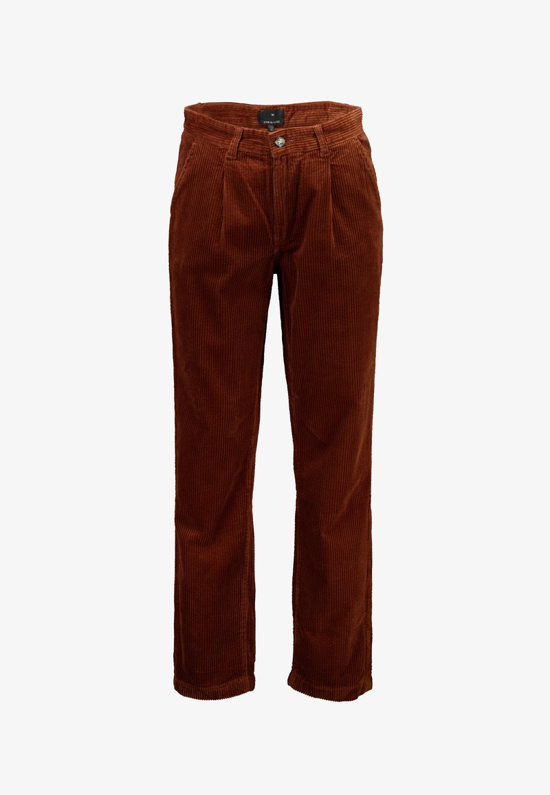 Corduroy broeken in warm bruin, met verticale ribbels, een rechte pijpdesign en een sluiting met een knop aan de voorkant met riemlussen.