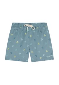 Bermuda da mare blu con un motivo di teschi multicolori. Realizzate in tessuto leggero, presentano una vita elasticizzata e un cordoncino.