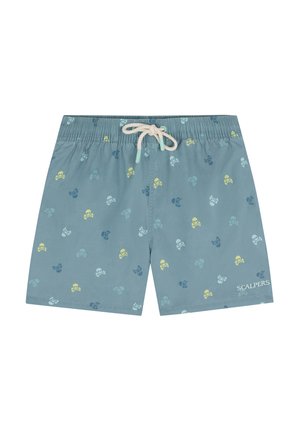 Shorts de bain bleus avec un motif de crânes multicolores. Fabriqués en tissu léger, avec une taille élastique et un cordon de serrage.