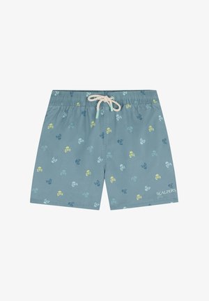 Bermuda da mare blu con un motivo di teschi multicolori. Realizzate in tessuto leggero, presentano una vita elasticizzata e un cordoncino.