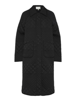 Mustariga tikandiga jope, millel on krae, neljakandiline muster, pikad varrukad ja kaks esikotti. Kangas on sileda, mati tekstuuriga.