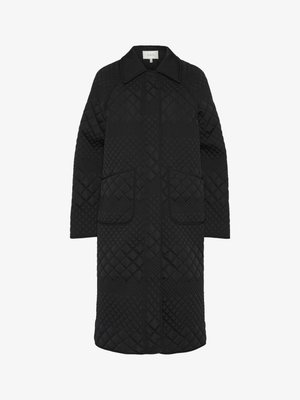 Mustariga tikandiga jope, millel on krae, neljakandiline muster, pikad varrukad ja kaks esikotti. Kangas on sileda, mati tekstuuriga.