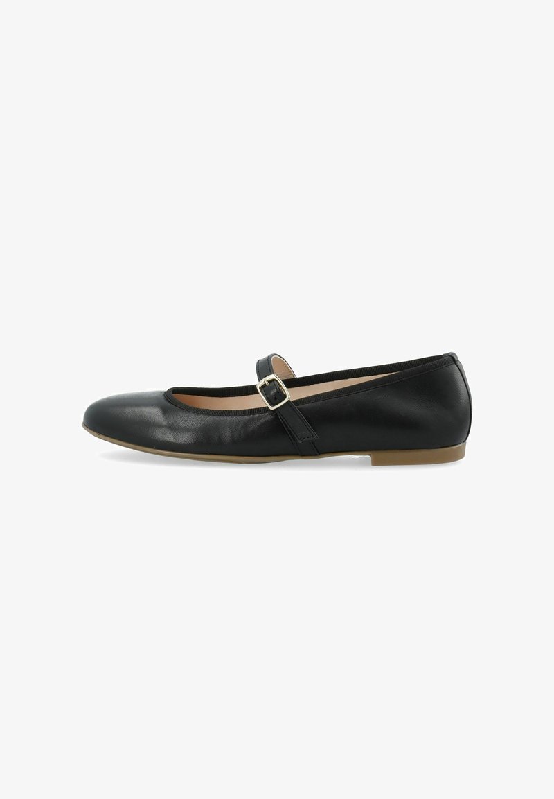 Ballerines en cuir noir avec un bout arrondi et une seule bride à boucle sur le cou-de-pied. Elles disposent d'une semelle plate en caoutchouc.