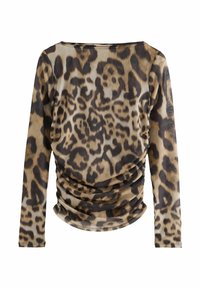 Maglietta a maniche lunghe in tessuto trasparente con motivo leopardato. Presenta arricciature lungo i lati e un ampio scollo in tonalità di marrone e beige.