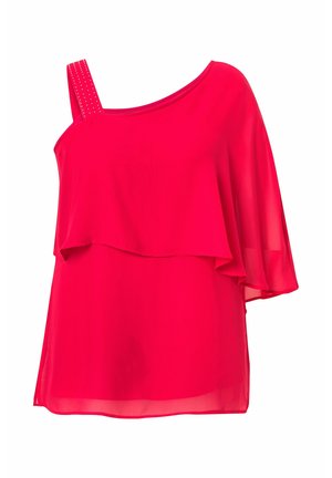 One-shoulder top in bright pink, layered design. Features a sheer fabric with a textured strap embellished with studs.