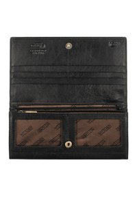 Billetera de cuero negro con múltiples ranuras para tarjetas, un compartimento con cremallera y ranuras transparentes para identificación. Interior marrón con impresión de logo.