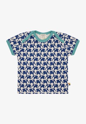 Kurzarm-Chemise aus Baumwolle mit einem blauen Elefantenmuster auf einem crèmefarbenen Hintergrund, mit türkisfarbenen Akzenten am Halsausschnitt und an den Ärmeln.