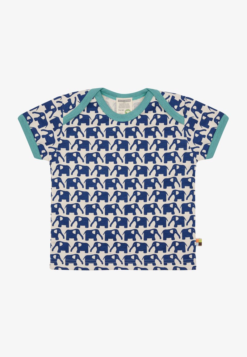 Kurzarm-Chemise aus Baumwolle mit einem blauen Elefantenmuster auf einem crèmefarbenen Hintergrund, mit türkisfarbenen Akzenten am Halsausschnitt und an den Ärmeln.