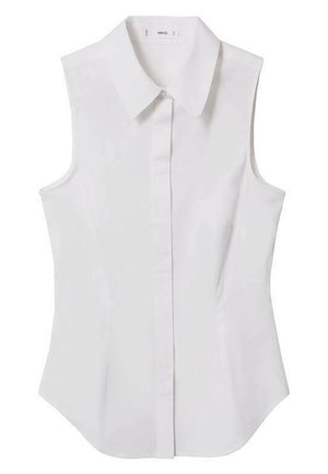 Chemisier blanc sans manches à col avec boutons à l'avant et coupe ajustée, conçu pour une tenue formelle ou décontractée professionnelle.