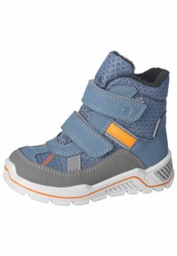 Botín infantil azul y gris con parte superior de textil y sintético, diseño texturizado, dos correas de velcro y un acento naranja. Suela de goma.