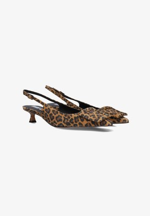 Leopard-print slingback heels with pointed toes, soft suede texture, and a low kitten heel. Adjustable buckle strap at the ankle.