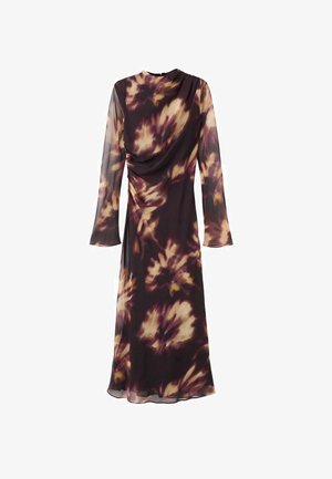 Langärmliges Kleid aus transparenter Stoff mit einem dunkellila und beigen Blumenmuster, das mit drapierten Details und einer fließenden Silhouette versehen ist.