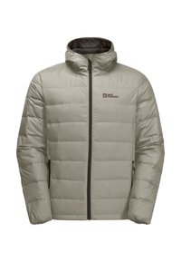 Hellgraue Steppjacke mit Kapuze, Reißverschluss vorne, elastischen Bündchen und genähten horizontalen Paneelen zur Isolierung. Logo auf der Brust.