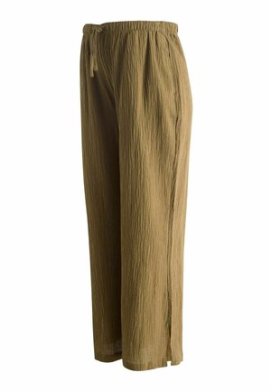 Hellbraune, locker sitzende Textilhose mit elastischem Bund und Kordelzug, seitlichen Schlitzen am Saum.
