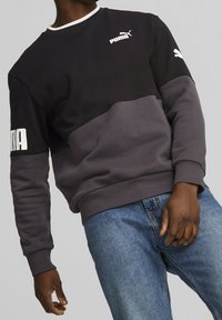 Bluza Puma w kolorze czarnym i szarym, z długimi rękawami, ściągaczami na mankietach oraz nadrukami z logo na przodzie i rękawie. Miękki, fakturowany materiał.