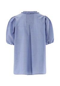 Hellblaue, gestreifte Bluse mit Puffärmeln, gerafftem Ausschnitt und einer Rückenfalte für zusätzlichen Fall. Glatter Baumwollstoff mit vertikalen Linien.