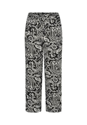 Pantalon à jambes larges à motif cachemire noir et blanc avec une taille élastique, présenté de face sur un fond blanc uni.