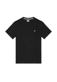 Zwart kortrug T-shirt van katoen, met een klein vierkant logo op de linkerborst en een ronde halslijn. Soepele textuur.