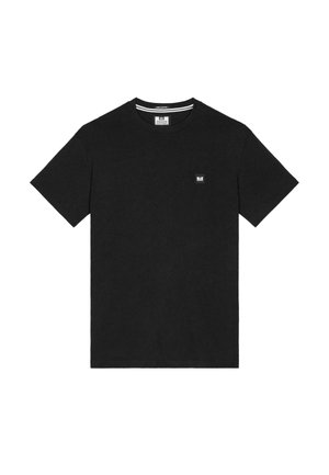 Zwart kortrug T-shirt van katoen, met een klein vierkant logo op de linkerborst en een ronde halslijn. Soepele textuur.