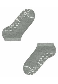 Graue Knöchelsocken mit einer strukturierten Unterseite verfügen über weiße rutschfeste Grip-Muster sowie weiße Akzente an Zehen und Bündchen.