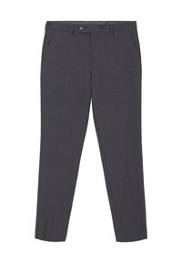 Dunkelgraue Hose aus einem strukturierten Stoff, mit seitlichen Taschen, einem Gürtelschlaufen und einem Knopfverschluss vorne. Schmal zulaufendes Beindesign.