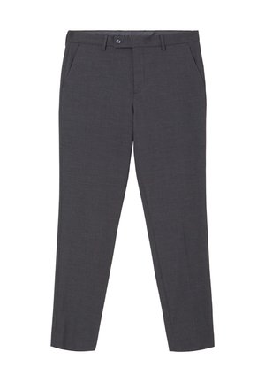 Dunkelgraue Hose aus einem strukturierten Stoff, mit seitlichen Taschen, einem Gürtelschlaufen und einem Knopfverschluss vorne. Schmal zulaufendes Beindesign.