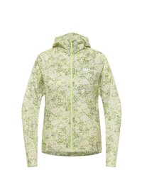 Veste légère à capuche de couleur vert pâle avec un motif tacheté vert foncé. Elle dispose d'une fermeture éclair sur le devant et de manches longues.
