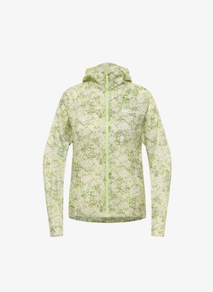 Lichtgewicht, gevoerd jack in lichtgroen met een gespikkeld donkergroen patroon. Voorzien van een volle rits aan de voorkant en lange mouwen.