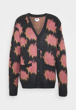 Zwarte knoop cardigan met een roze en gele abstracte tie-dye patroon, V-hals, twee voorkantzakken en geribbelde manchet en onderkant.